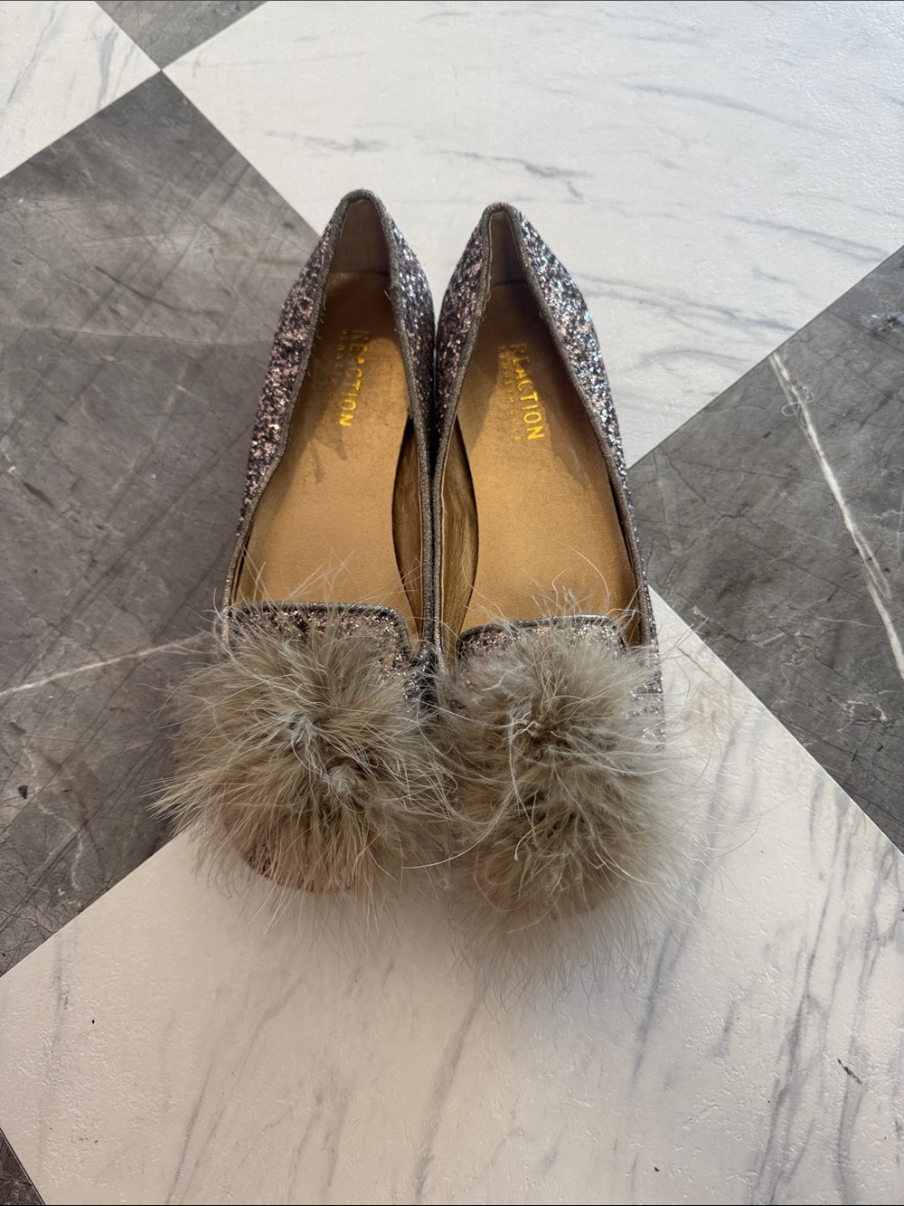 Reaction Kenneth Cole Silver Glitter Flats with Tan Pom-Pom